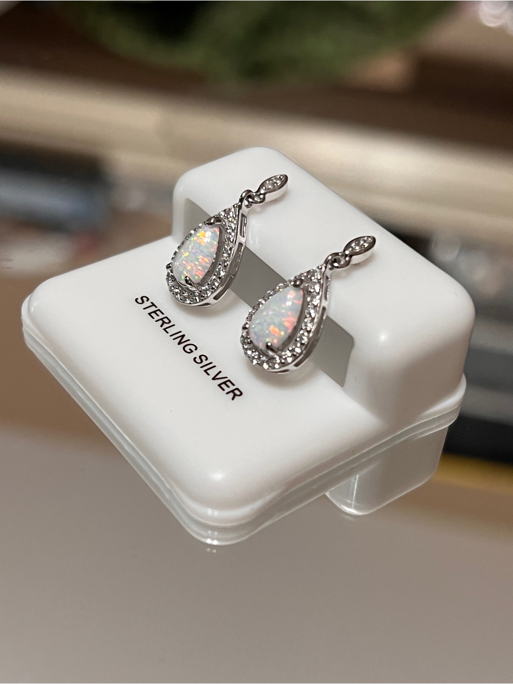 White Fire Opal Teardrop Drop Earrings In 925
